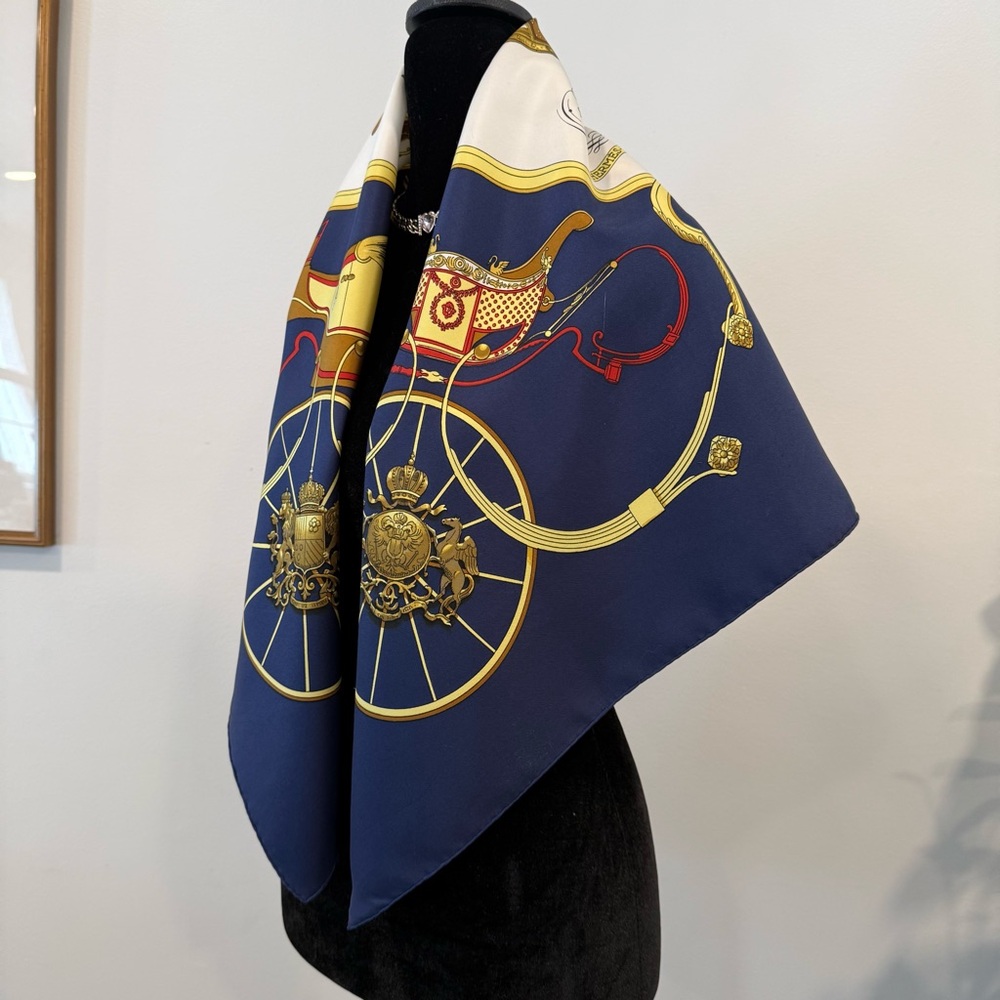 Authentic Hermes Elegant Blue and Gold Silk Scarf - Picture 7 of 10